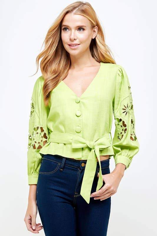 Lime Green Embroidered Sleeve Top