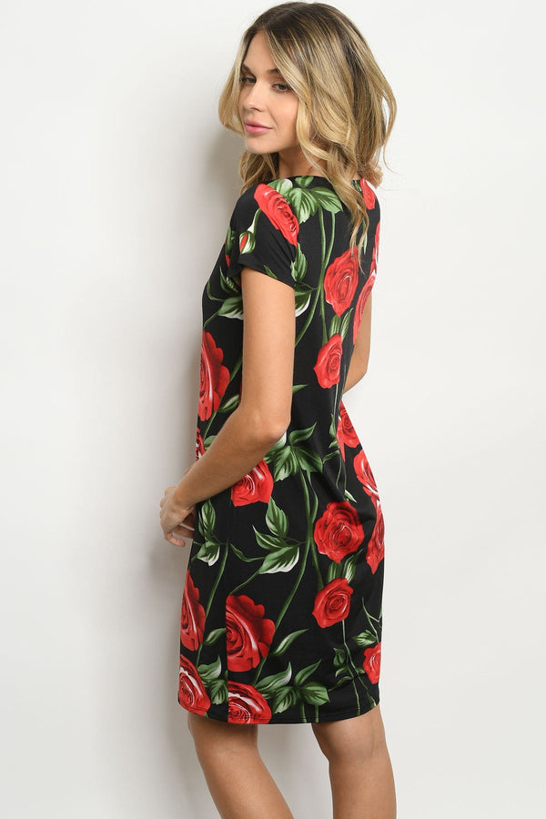BLACK RED WITH ROSES PRINT DRESS