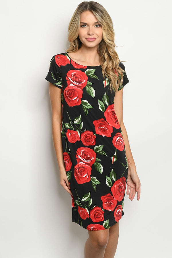 BLACK RED WITH ROSES PRINT DRESS